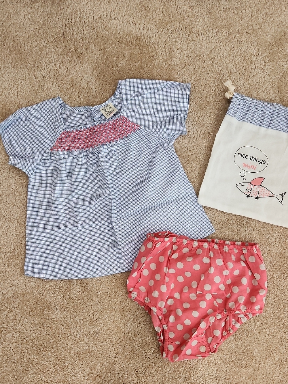 Nice Things Mini Baby Girl Blue Gingham Top with Pink Polka Dot Bloomers Size 2